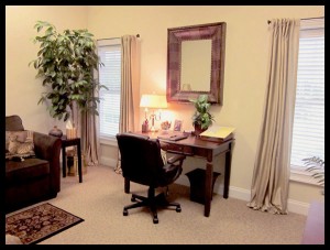 Therapy room in BridgeMill office focusing on a work desk. Tall leafy plant in left corner.
